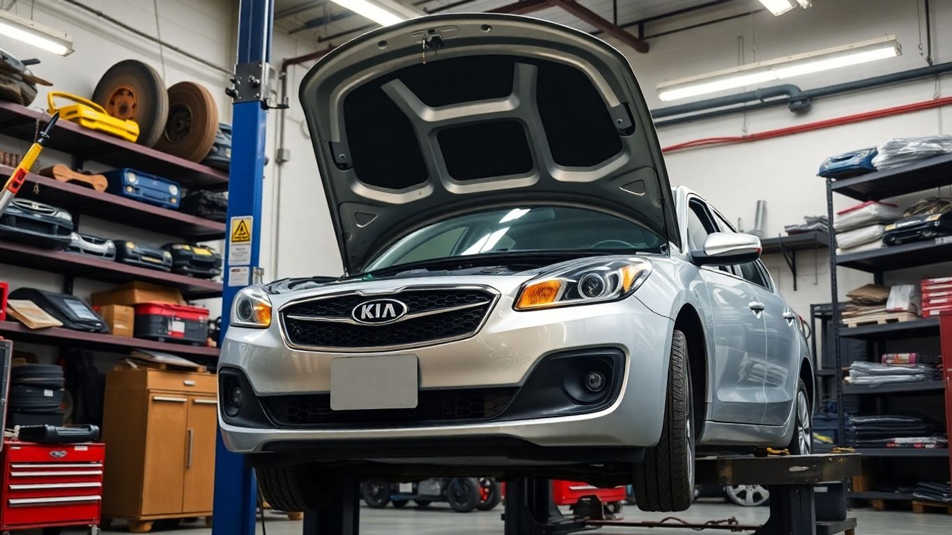 Mechanics repairing an old Kia sedan with genuine parts