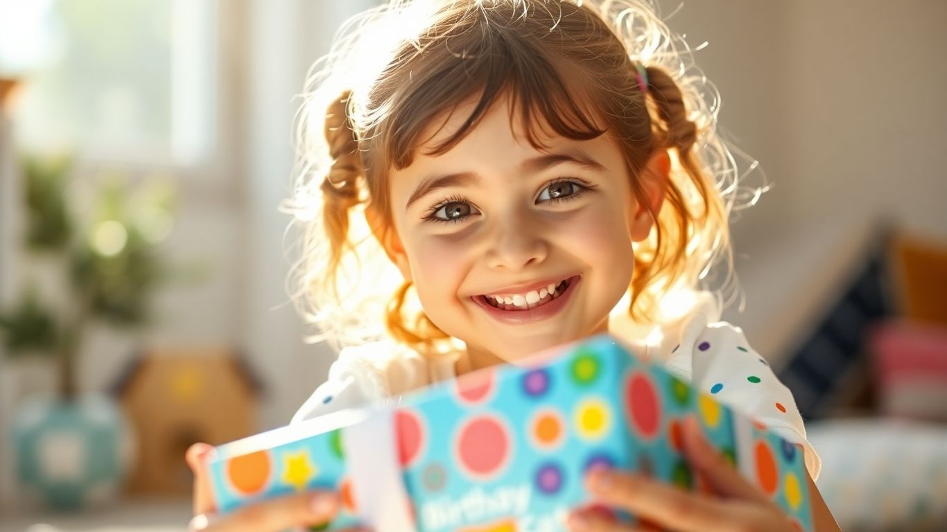 Girl happily opening a colorful birthday gift.