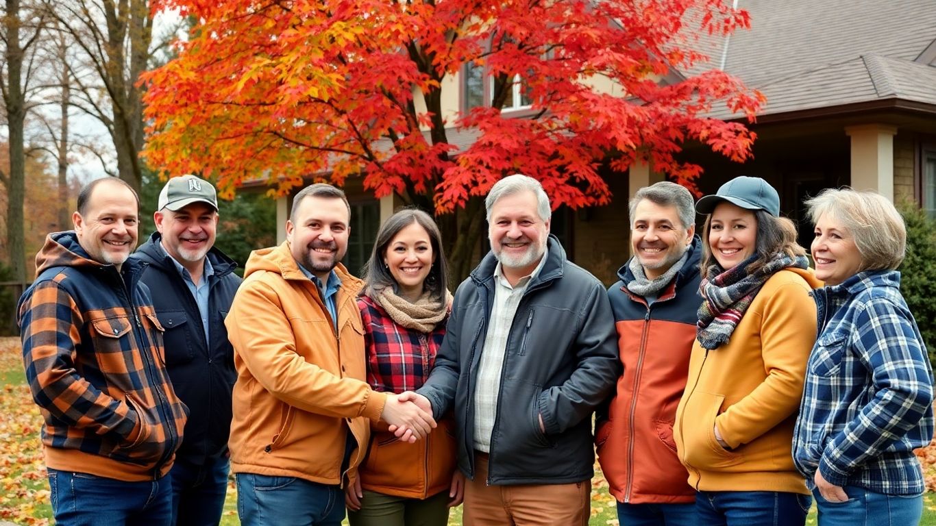 Contractors and homeowners smiling with fall foliage