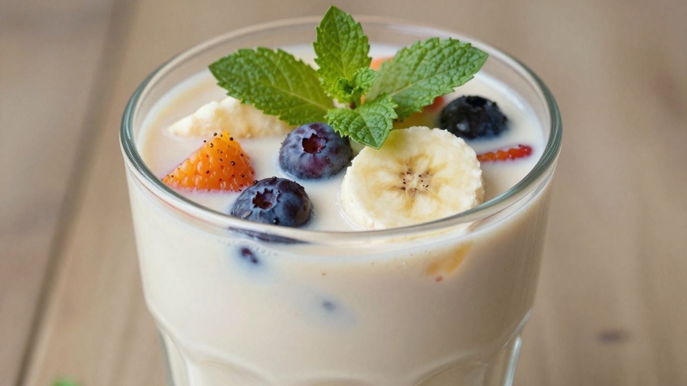 Healthy breakfast shake with fruit and mint.
