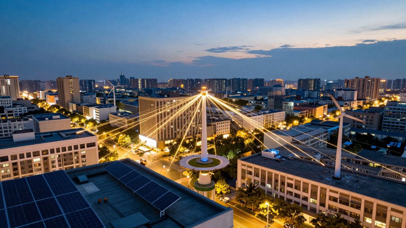 Cityscape with distributed energy sources integrated into the grid.