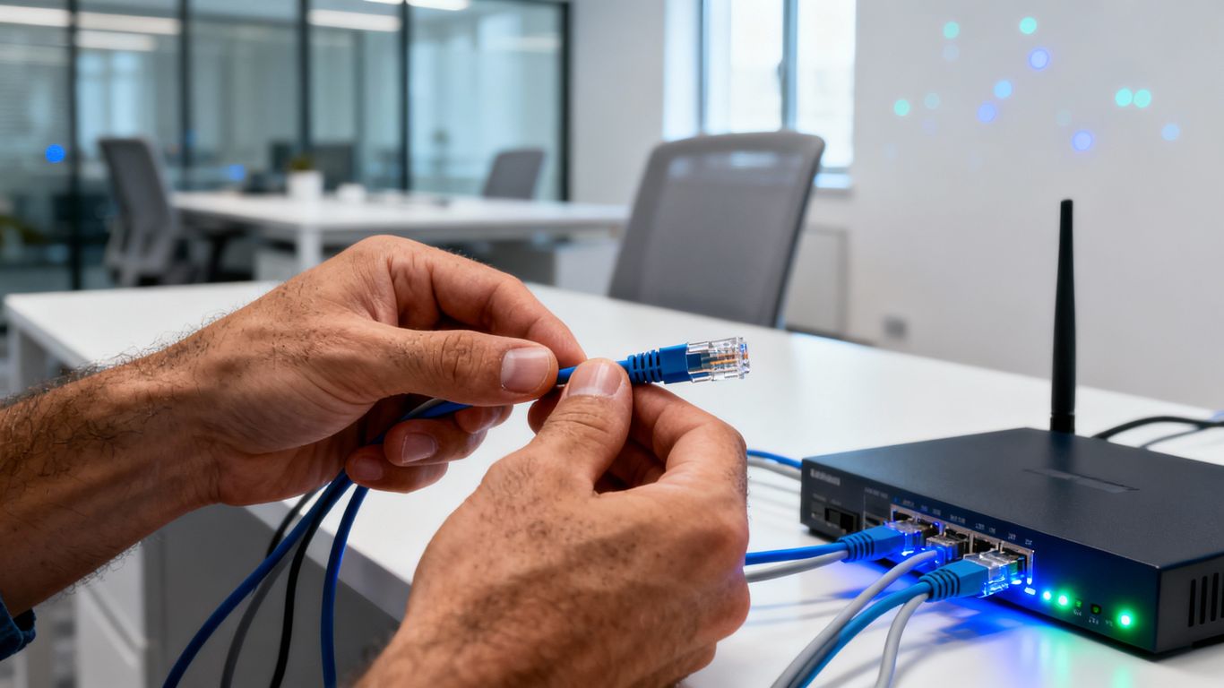 Technician connecting network cables for seamless connectivity.