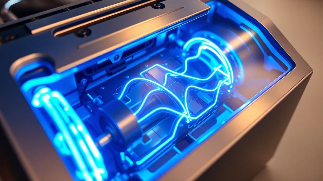 Futuristic EV battery pack with glowing blue energy lines.