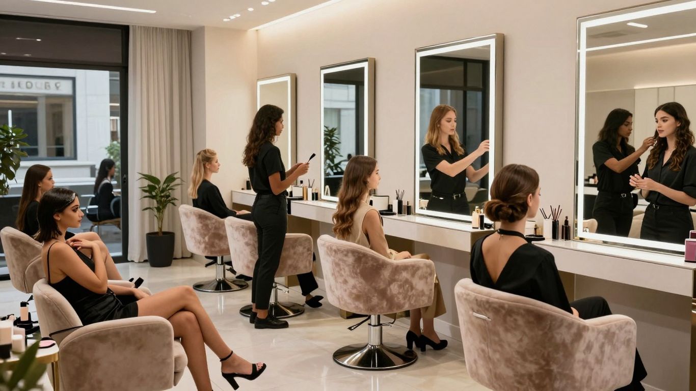 Stylish beauty salon interior with models.