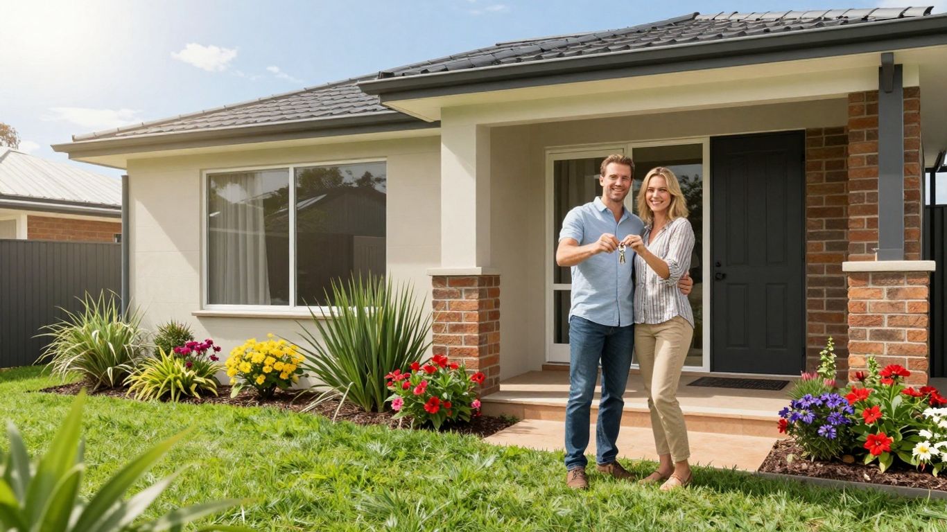 South Australian home with happy couple holding keys.