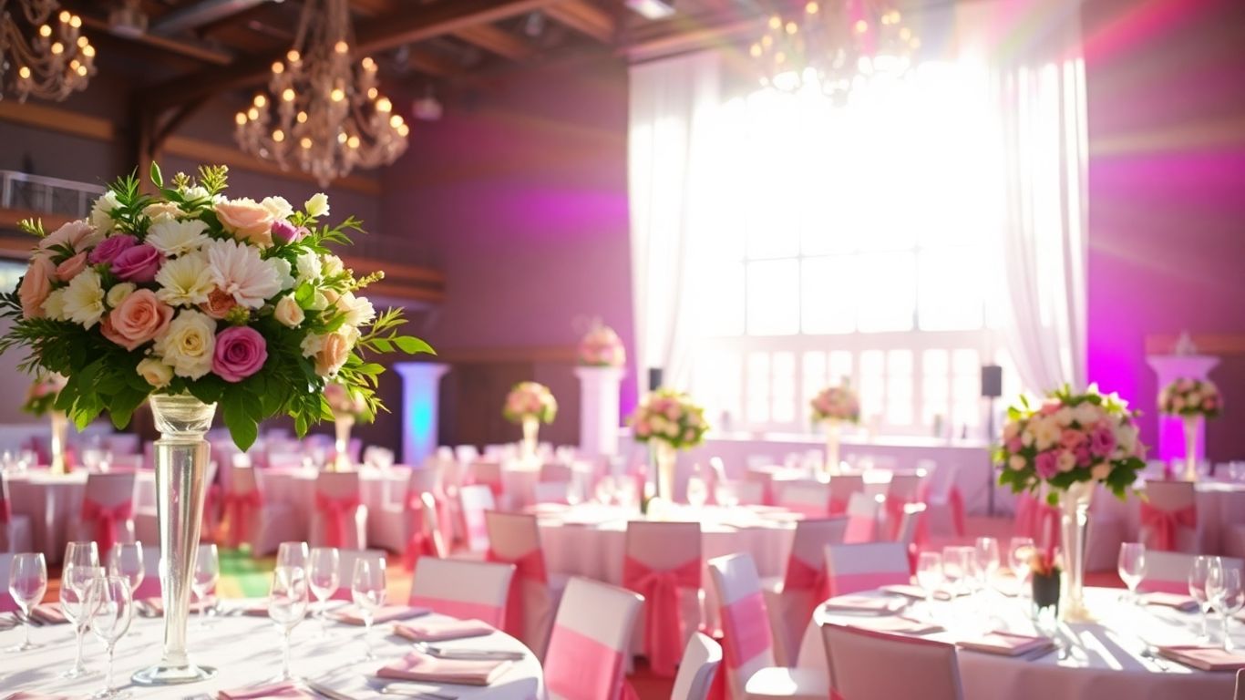 Elegant event venue with floral arrangements and warm lighting.