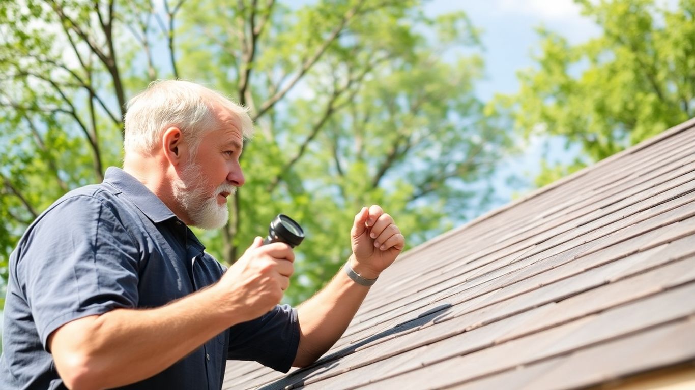 Homeowner inspecting a shingled roof with a flashlight.