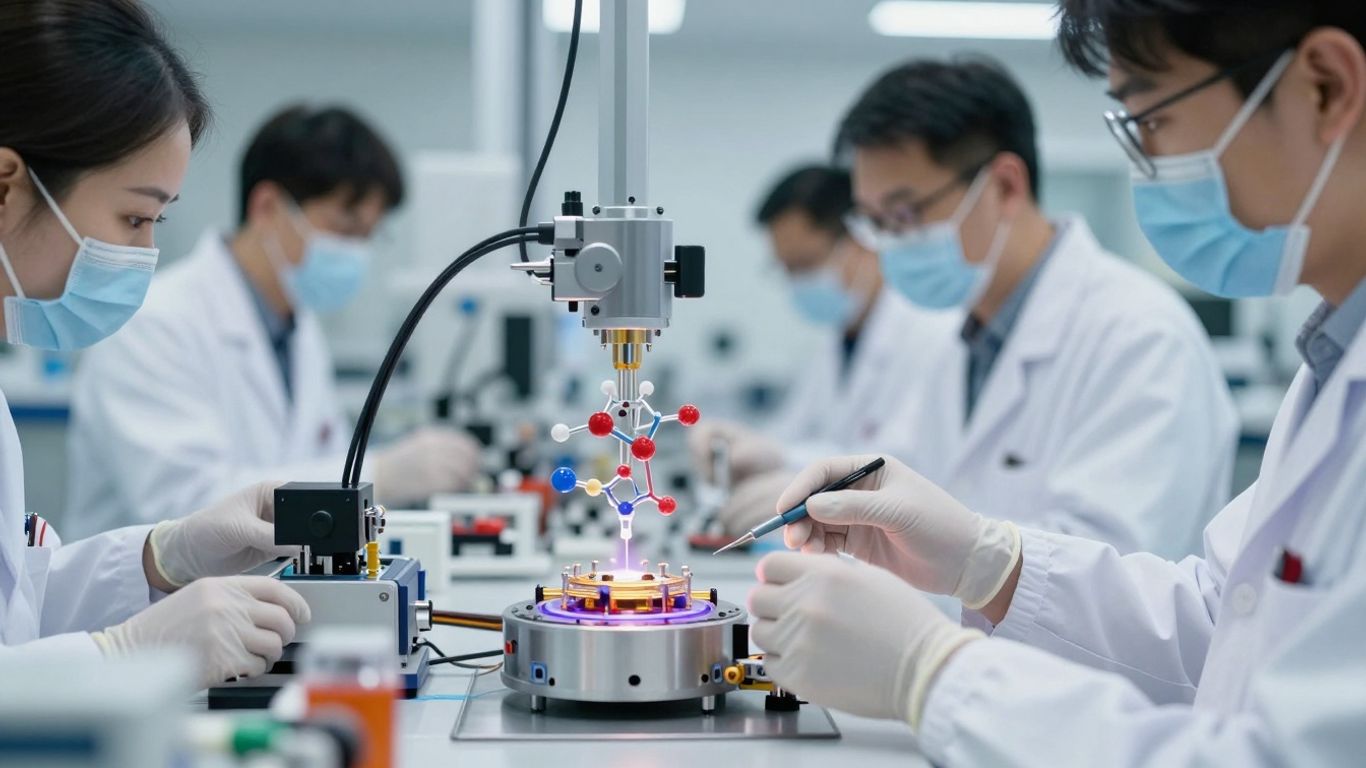 Oameni de știință lucrează la echipamente avansate de nanotehnologie.