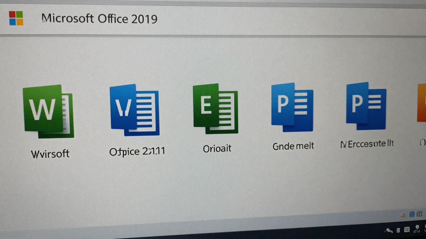 Pantalla de computadora con iconos de Office 2019 y clave de licencia.