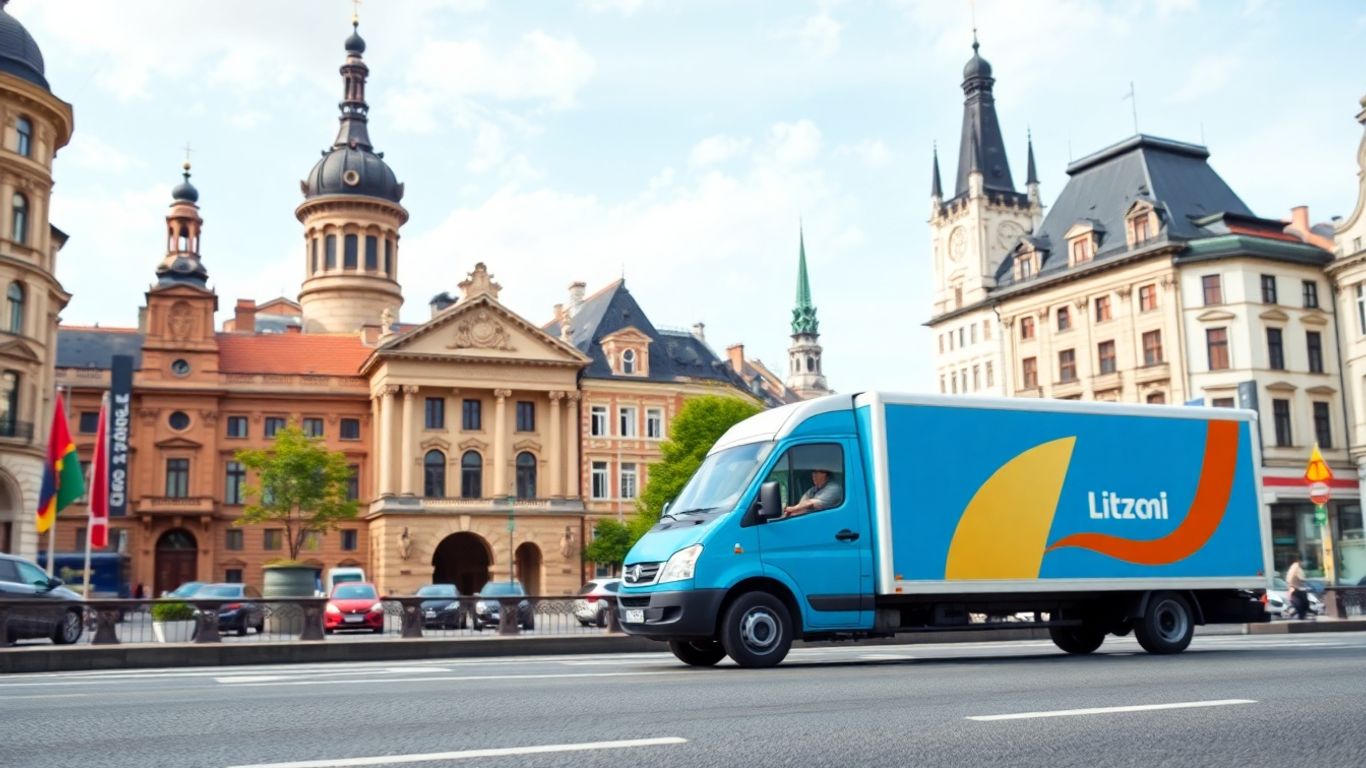 European cityscape with delivery truck and global commerce.