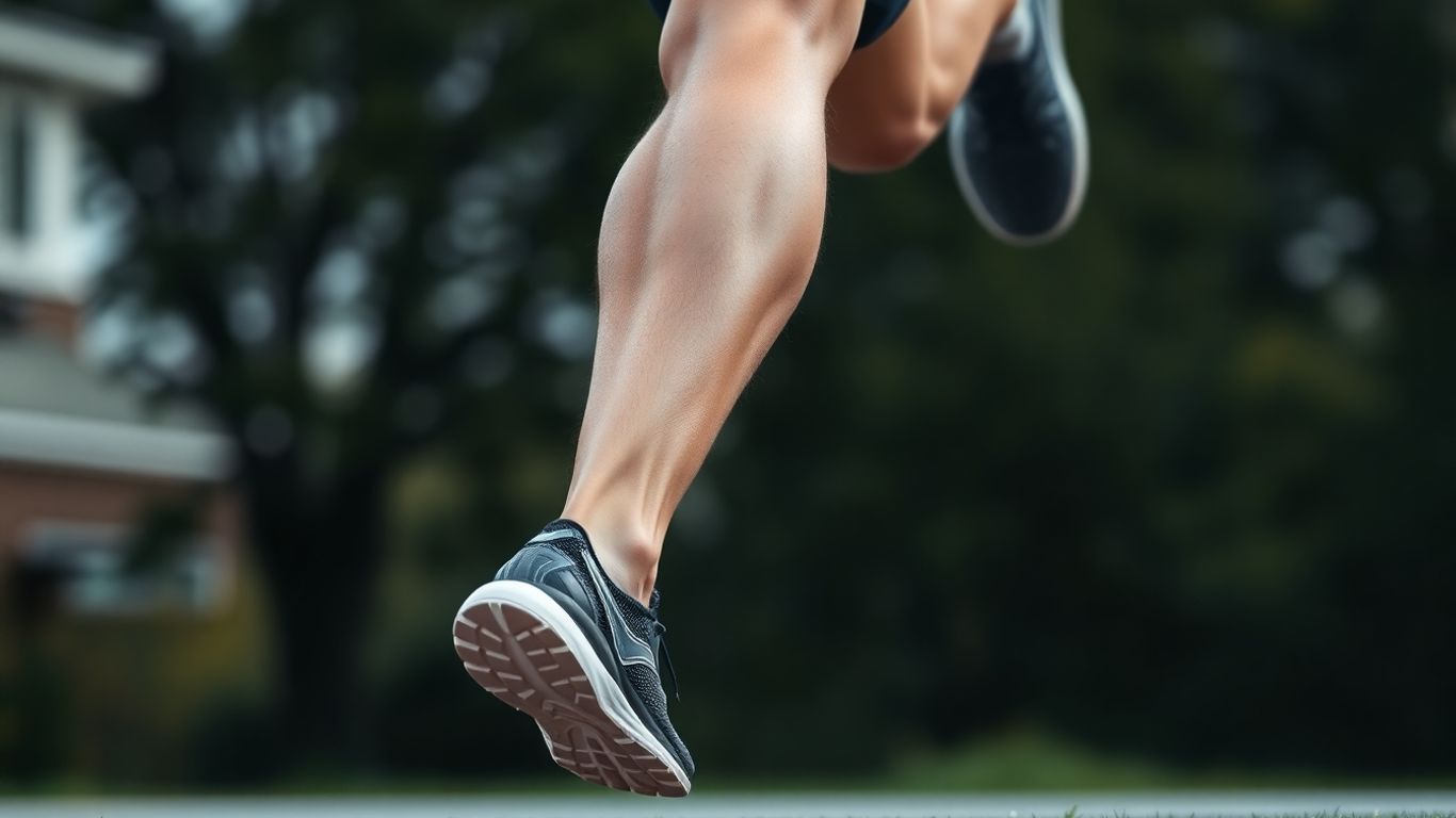 Runner's defined calf muscles in motion during a stride.