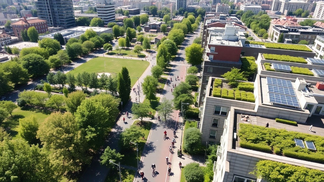 Spațiu urban verde cu piste de biciclete și transport public.