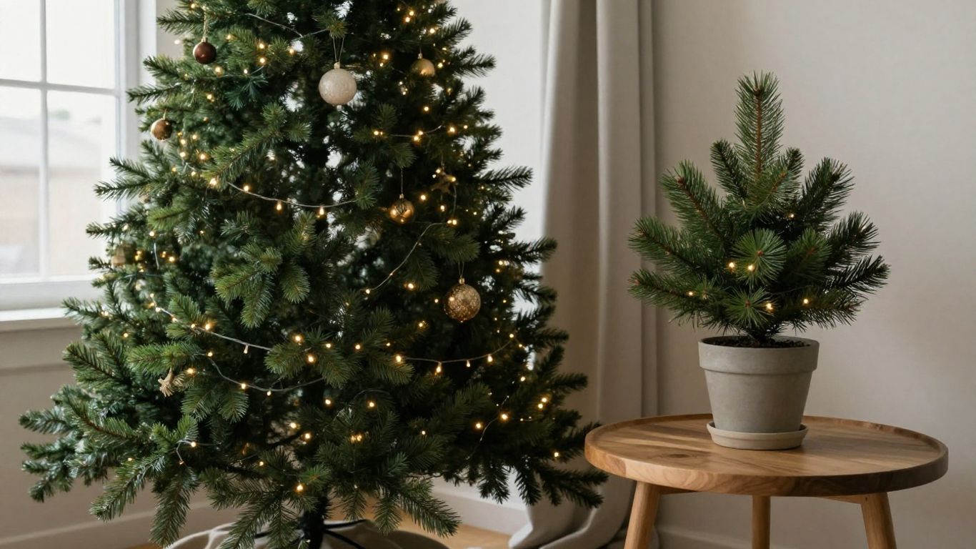 Eco-friendly Christmas tree and potted pine centerpiece.