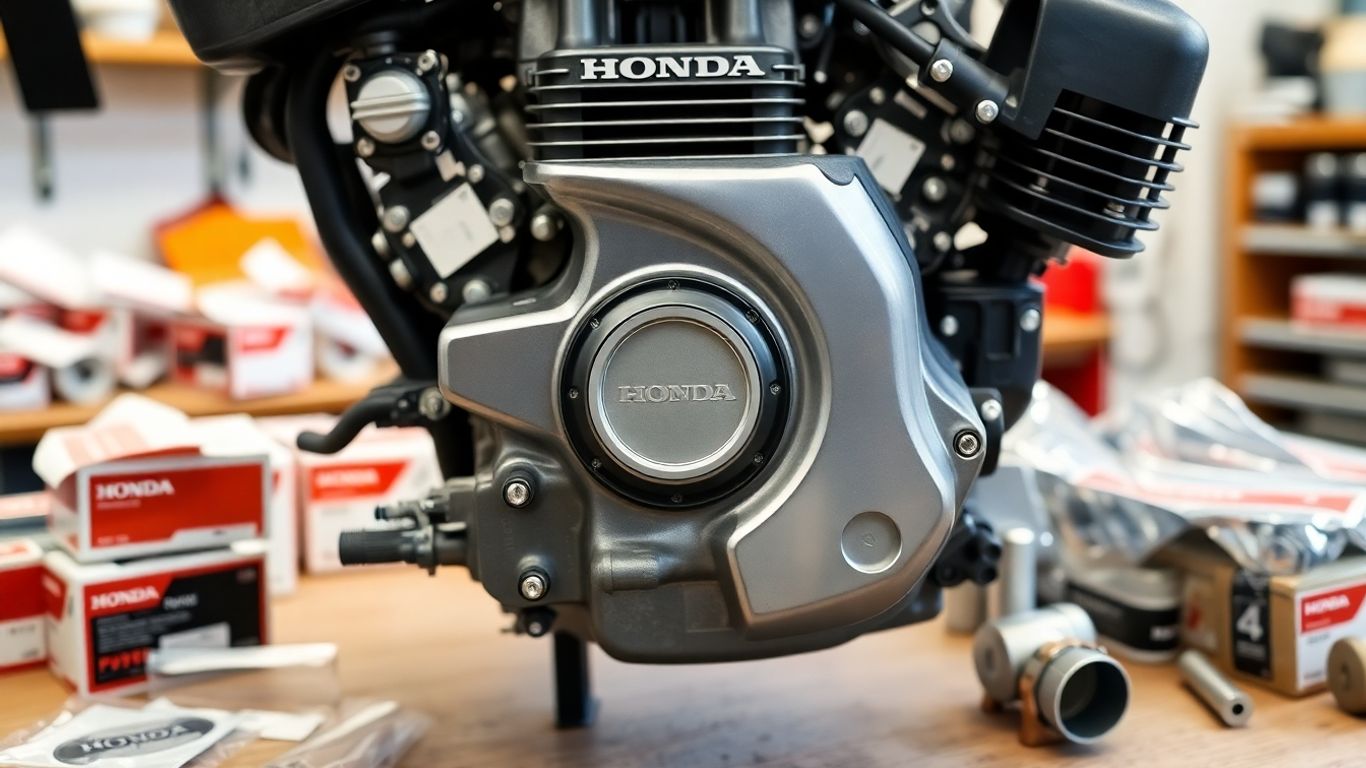 Genuine Honda engine and parts in workshop setting