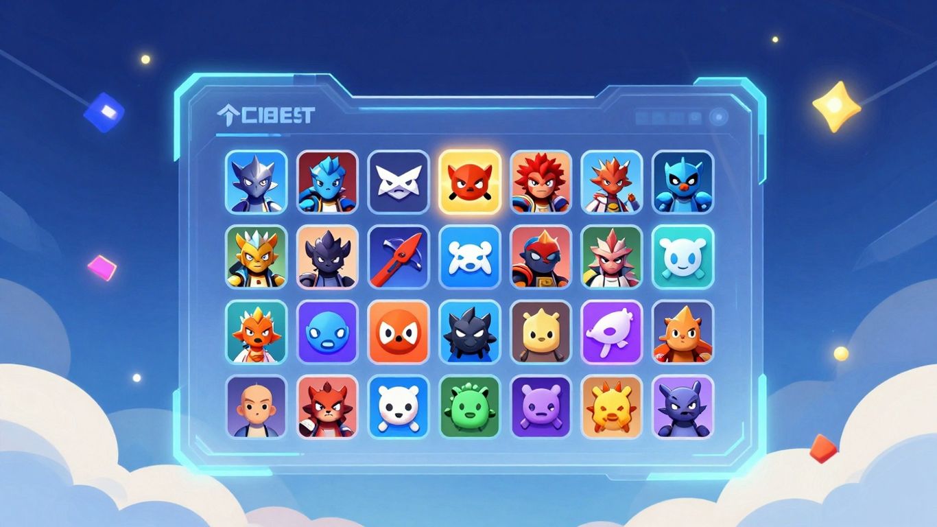 Futuristic interface displaying a large collection of game icons.