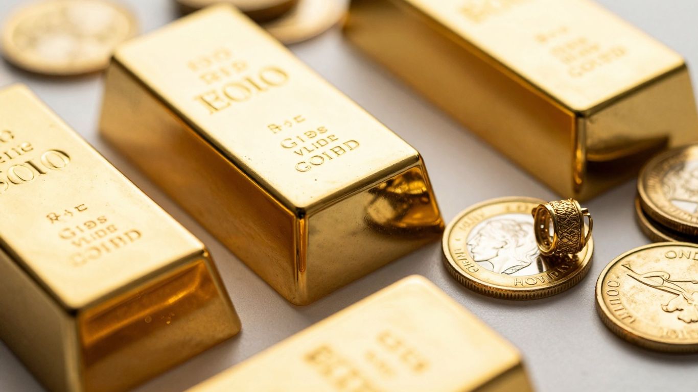 黄金投资的不同形式：金条、金币、金饰。