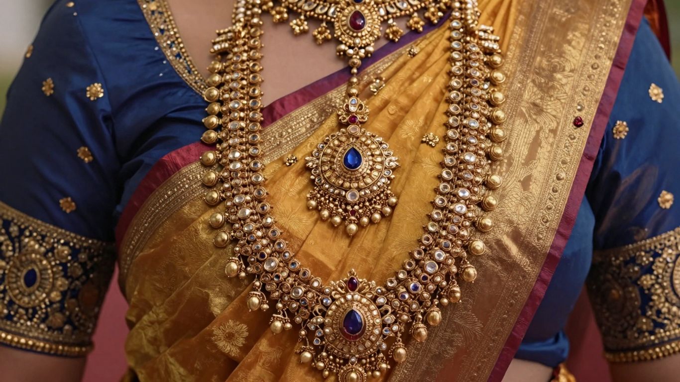 South Indian bride with gold waistbands and forehead ornaments.