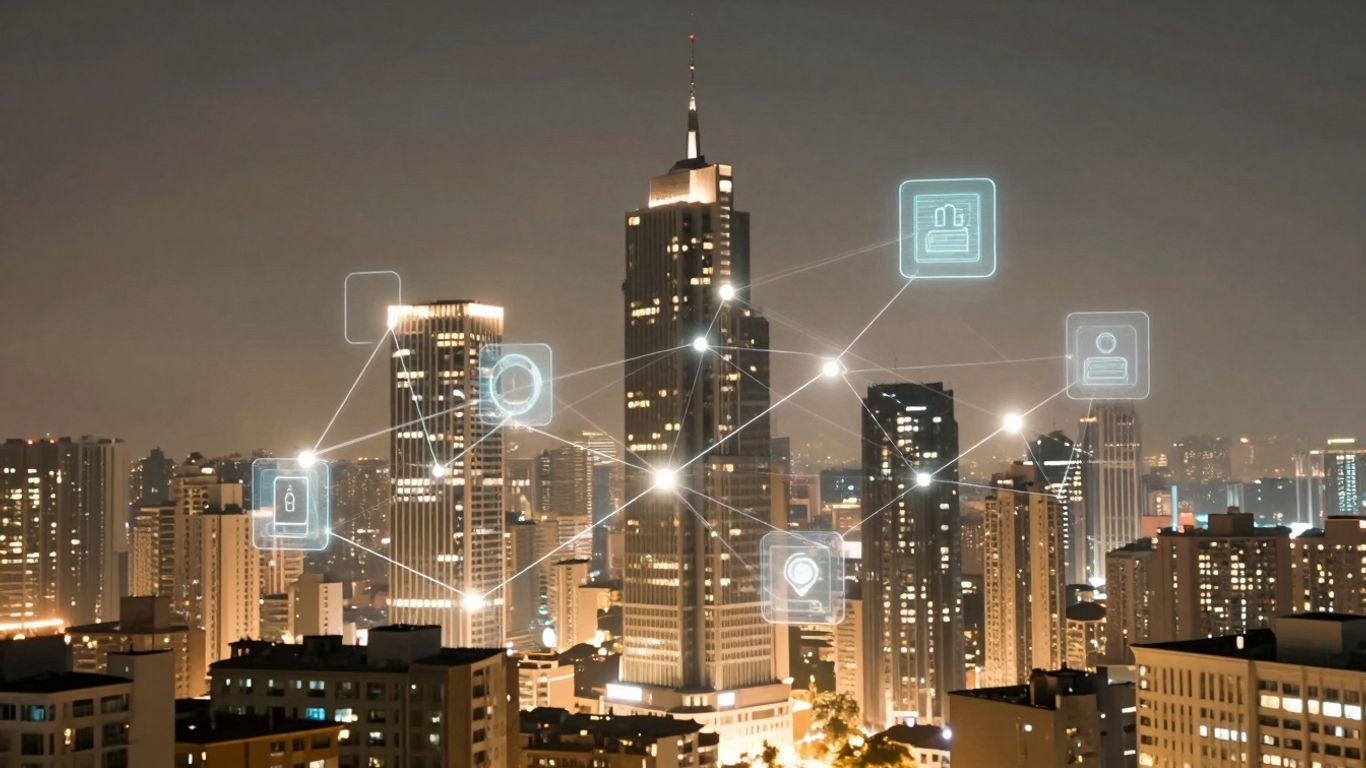 Futuristic cityscape with blockchain connections