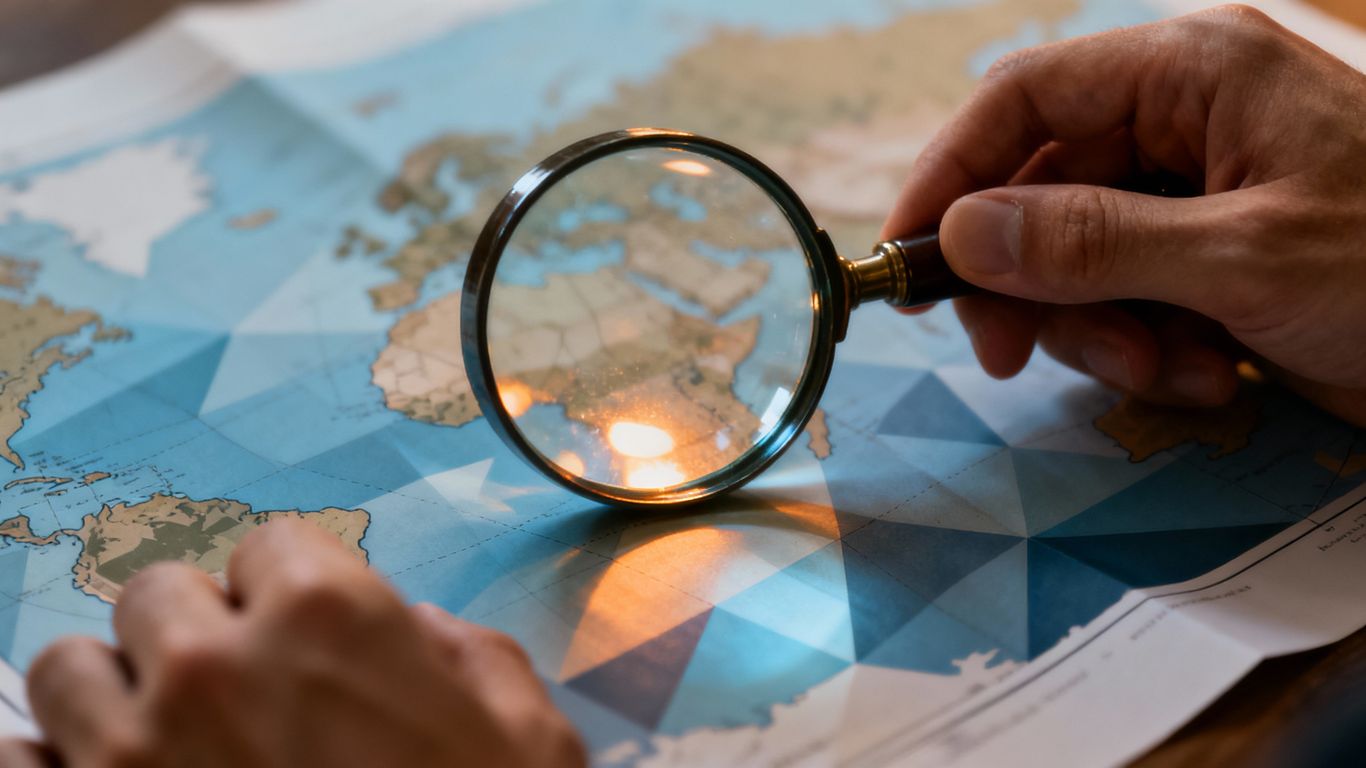 Hands with magnifying glass over a map.
