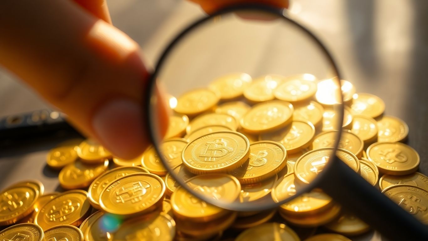 金手用放大鏡檢查金幣。