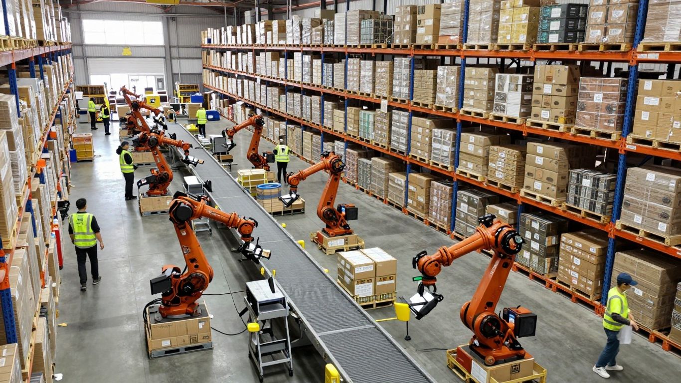 Amazon warehouse interior with shelves, robots, and workers.