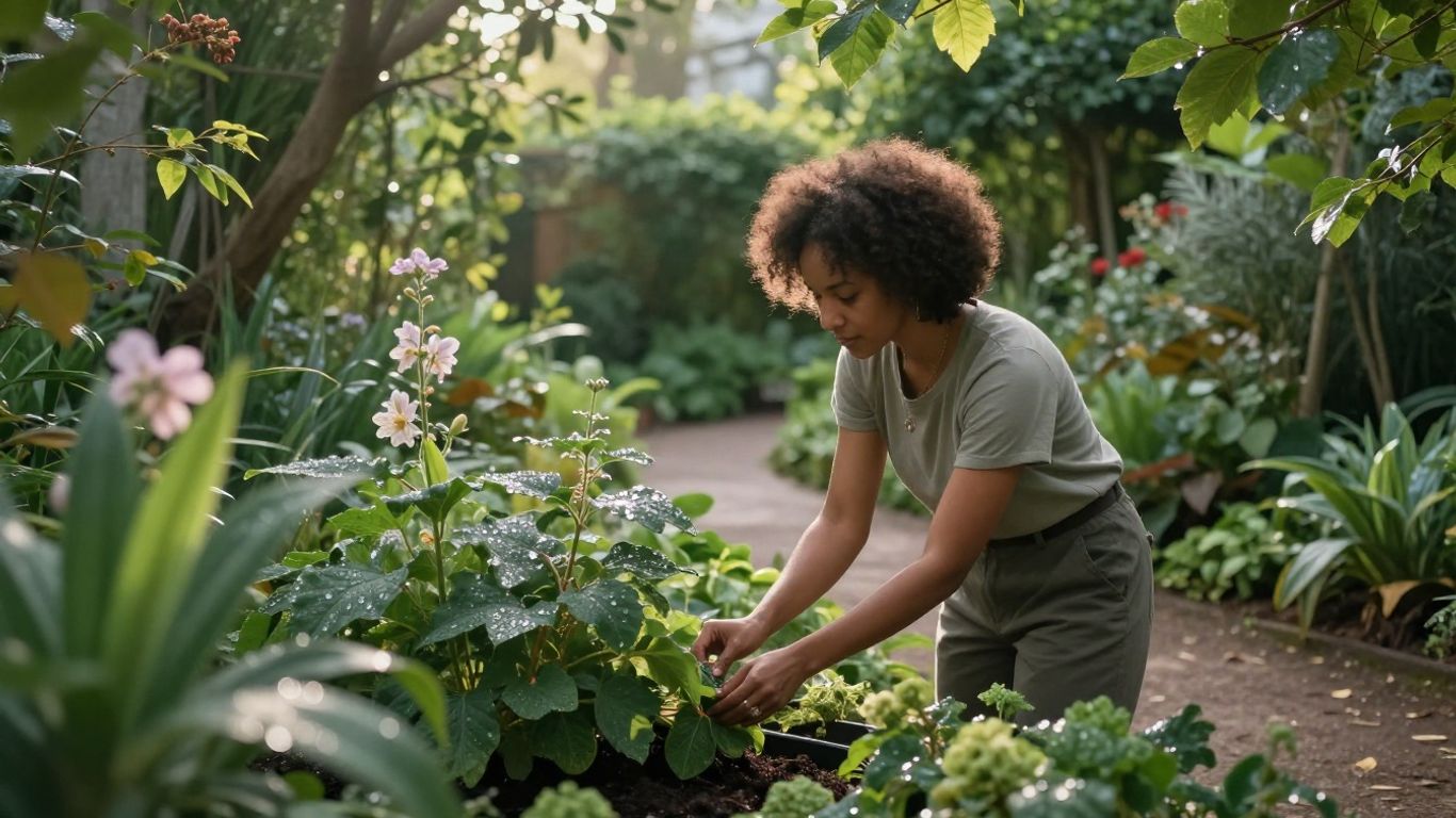 Woman tending to a lush, sunlit garden.