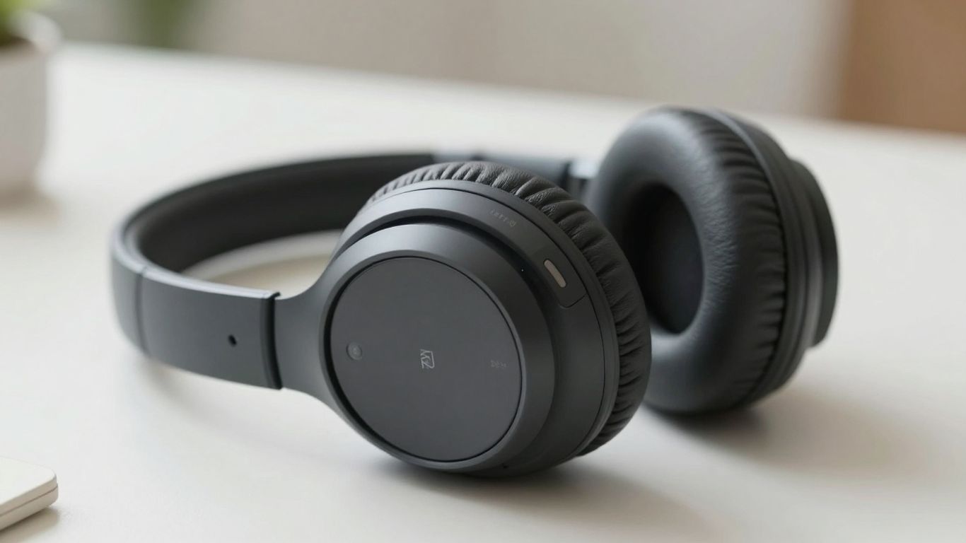 Modern budget headphones on a minimalist surface.
