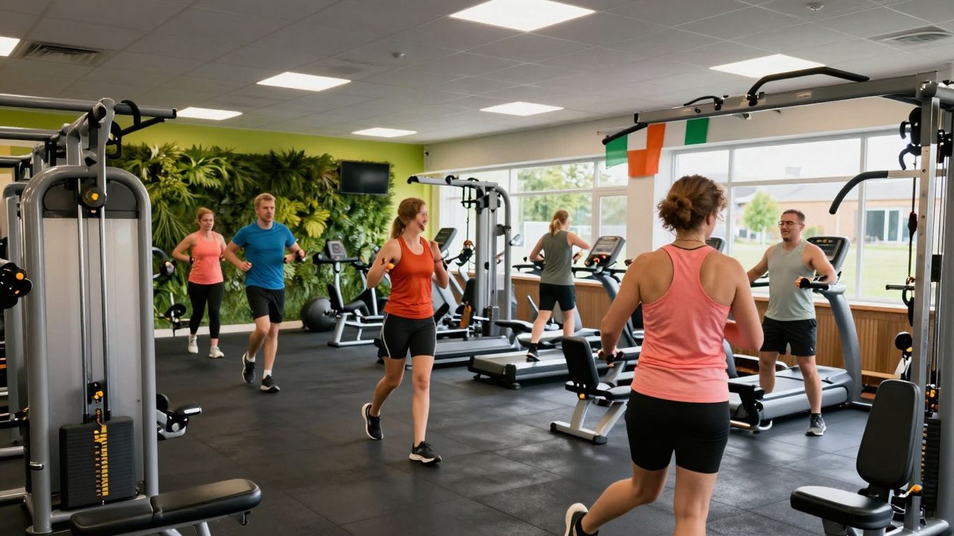 Gym interior with people exercising in Ireland.