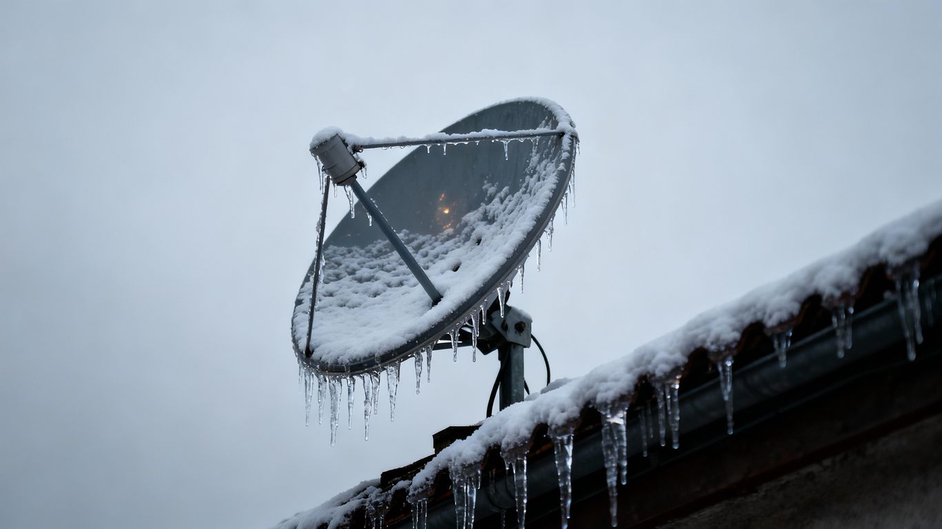 Snow-covered satellite dish on a rooftop in winter.
