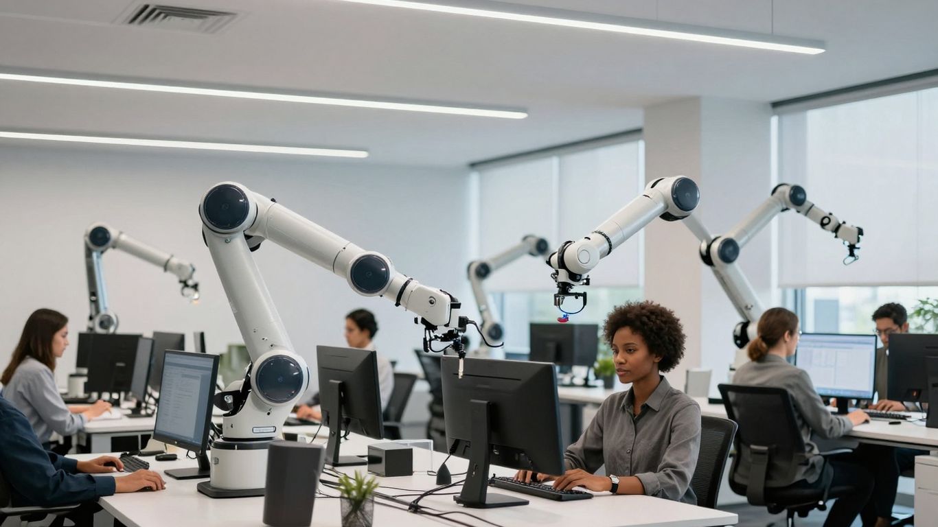Robotic arms working alongside people in an office.