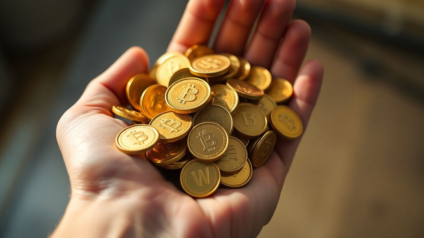 Pile of gold coins held in a hand.