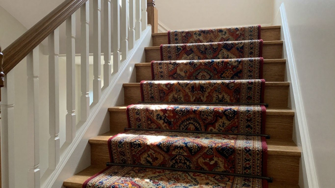 Carpet runner on a wooden staircase in a home.