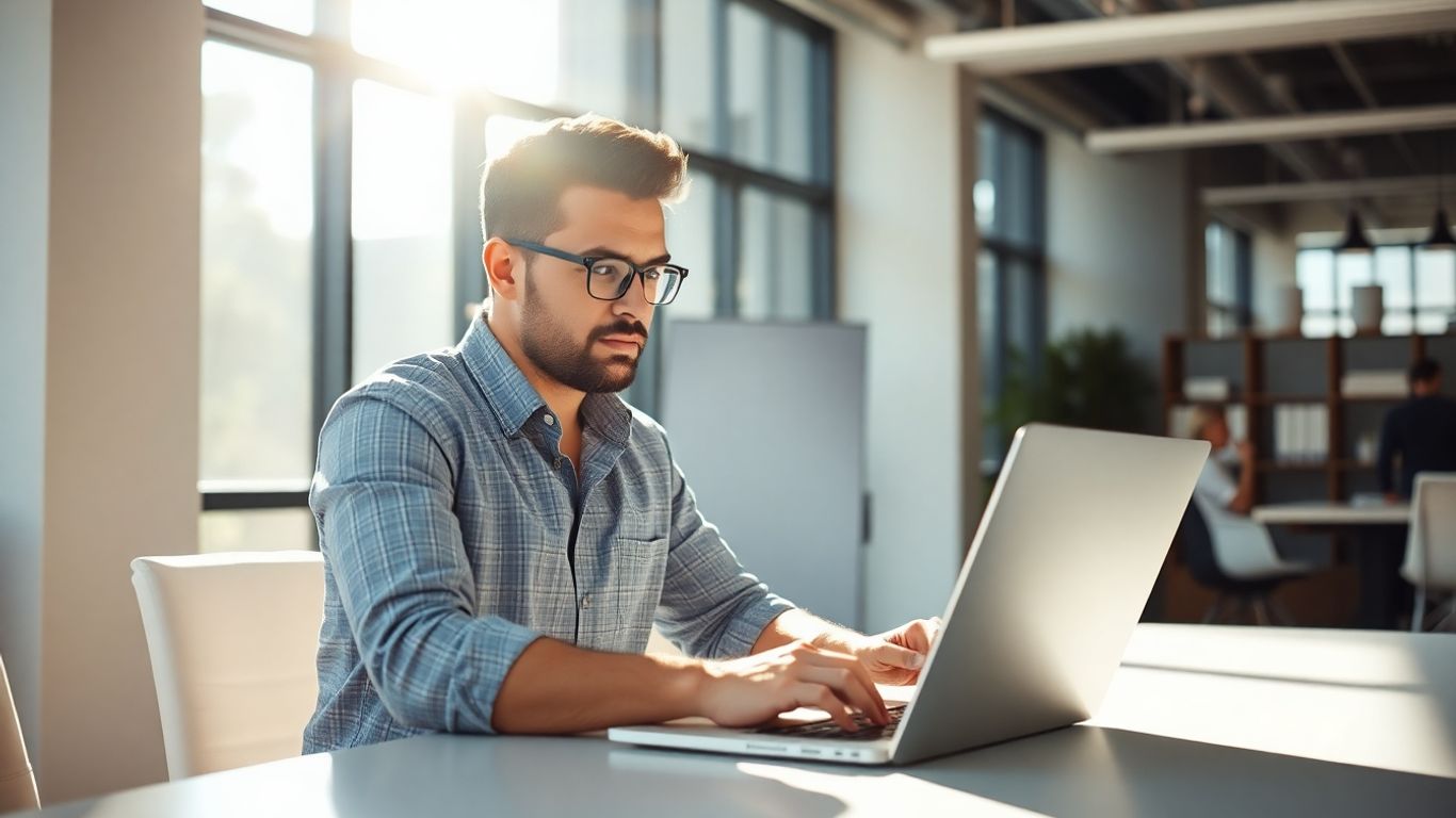 Antreprenor proactiv lucrează la laptop în mediul online.