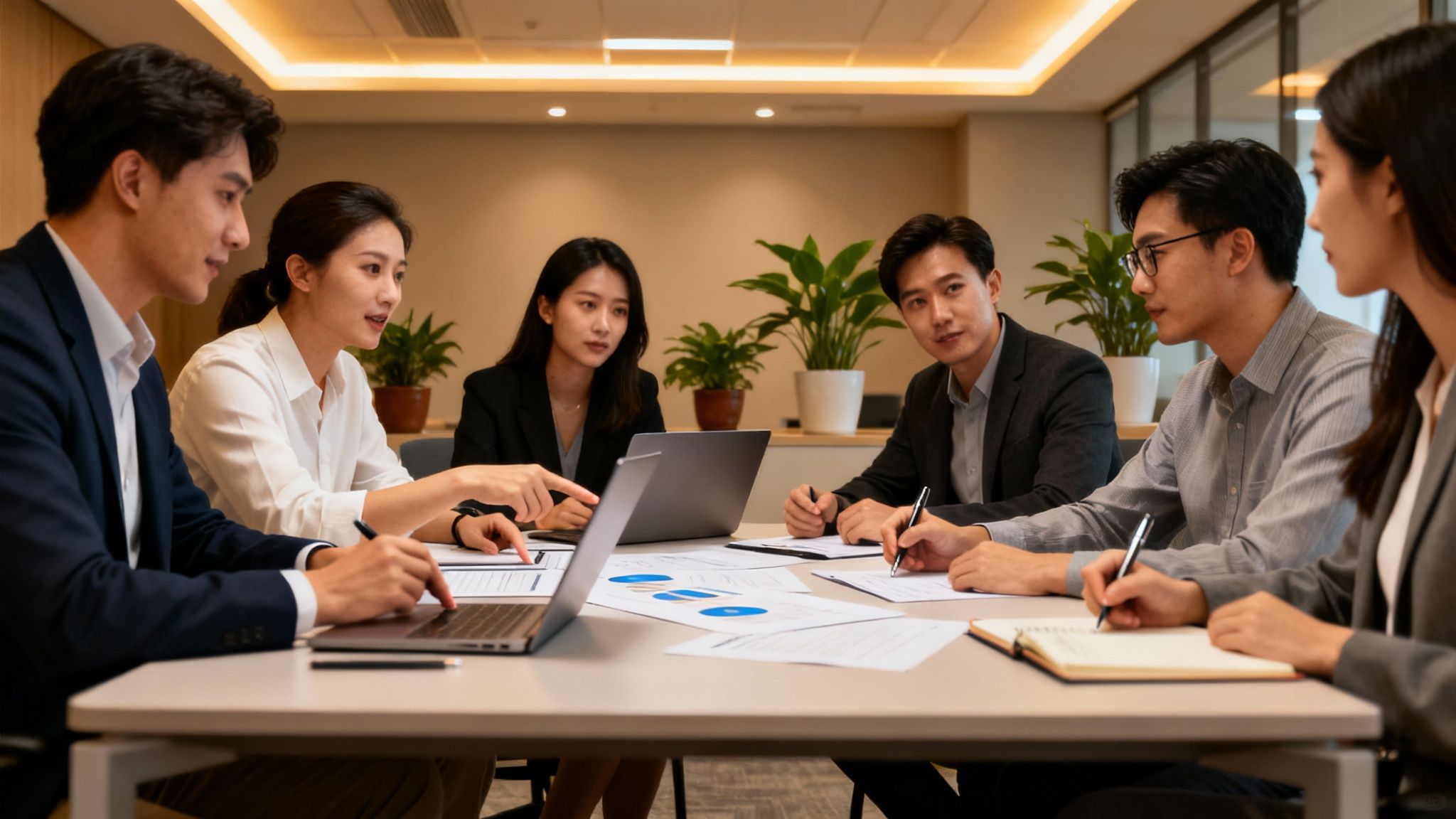 team discussing CRM options around a table