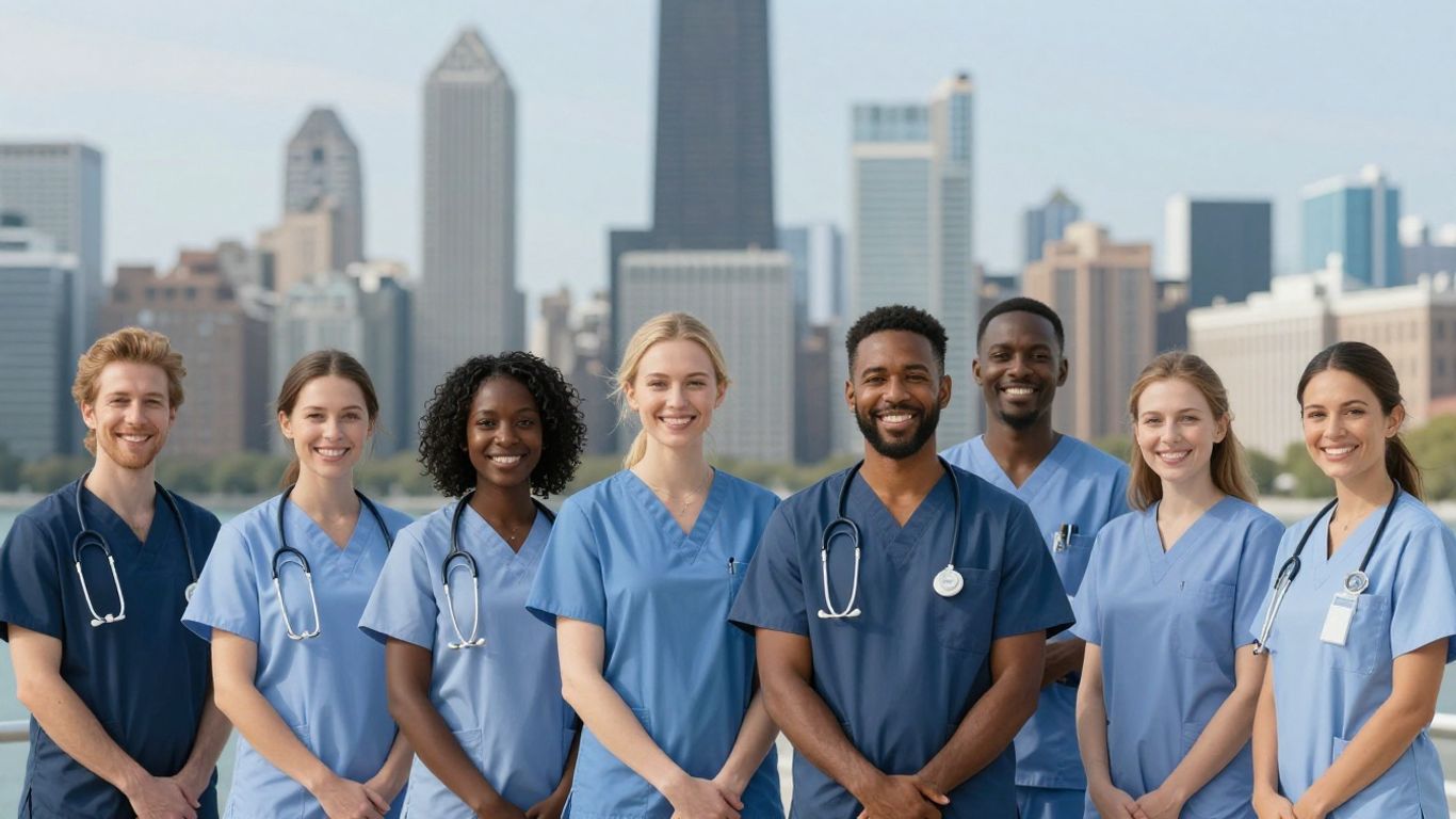 Nursing assistants in Chicago with city skyline