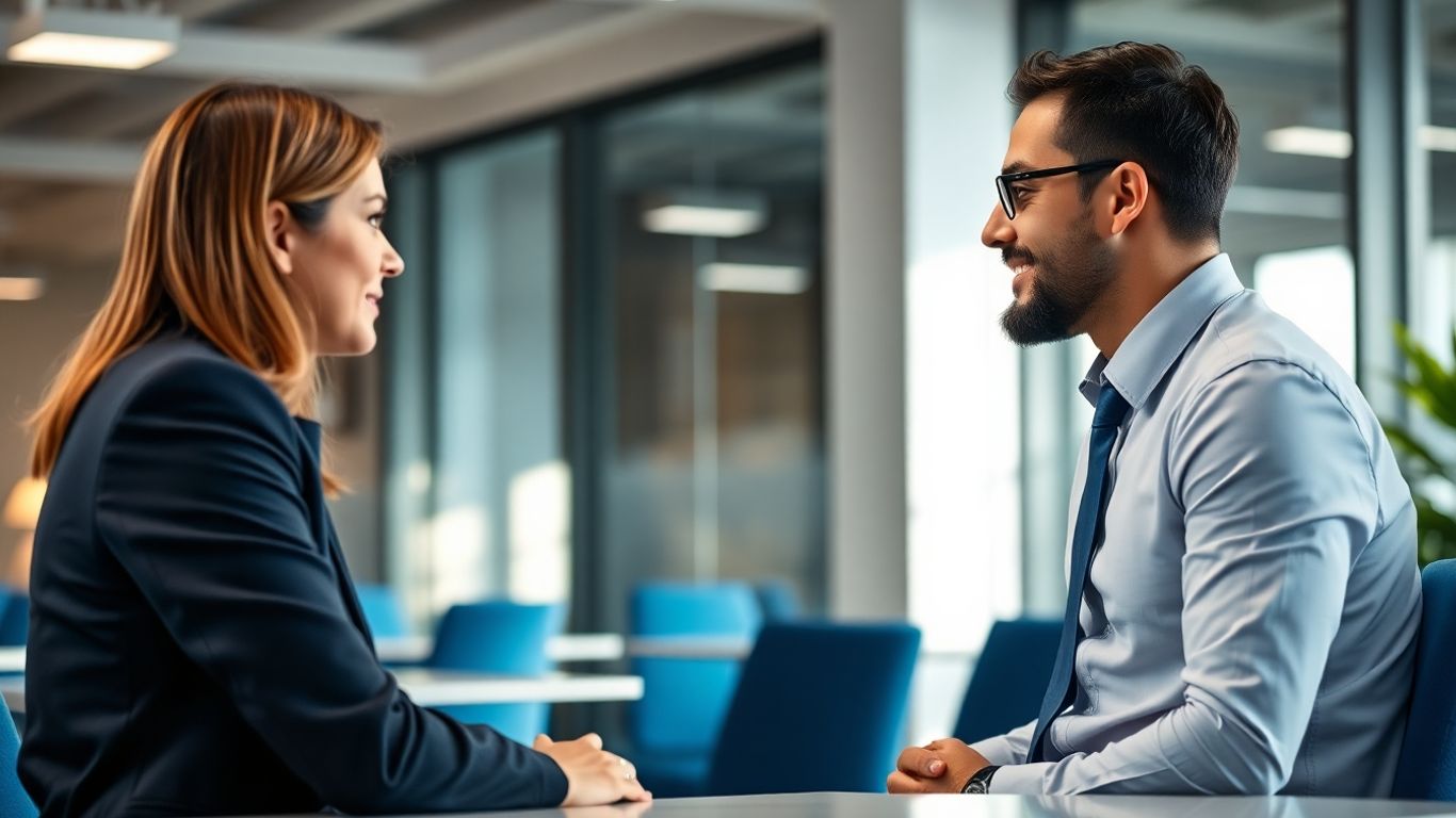 Best Recruiter? Warum uns faire und transparente Prozesse am Herzen liegen Professionelle Recruiter im Gespräch mit Kandidat im Büro.