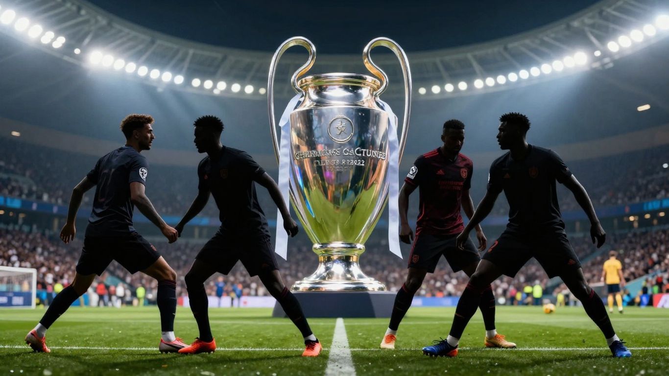 UEFA Champions League trophy and players in stadium.