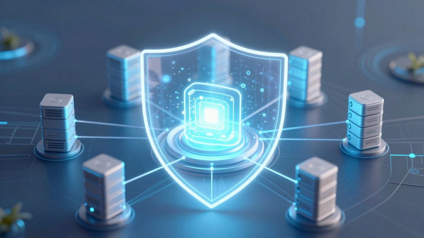 Secure cloud infrastructure with interconnected digital elements and a protective shield.