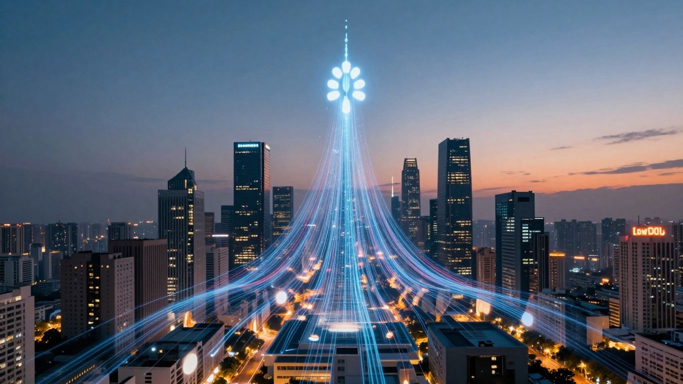 Futuristic cityscape with glowing data streams and a central Flowcode symbol.