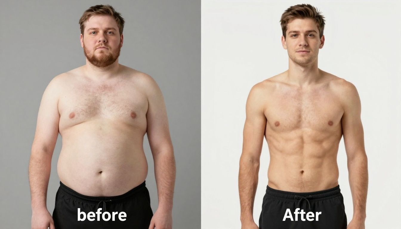 White man's weight loss transformation before and after.