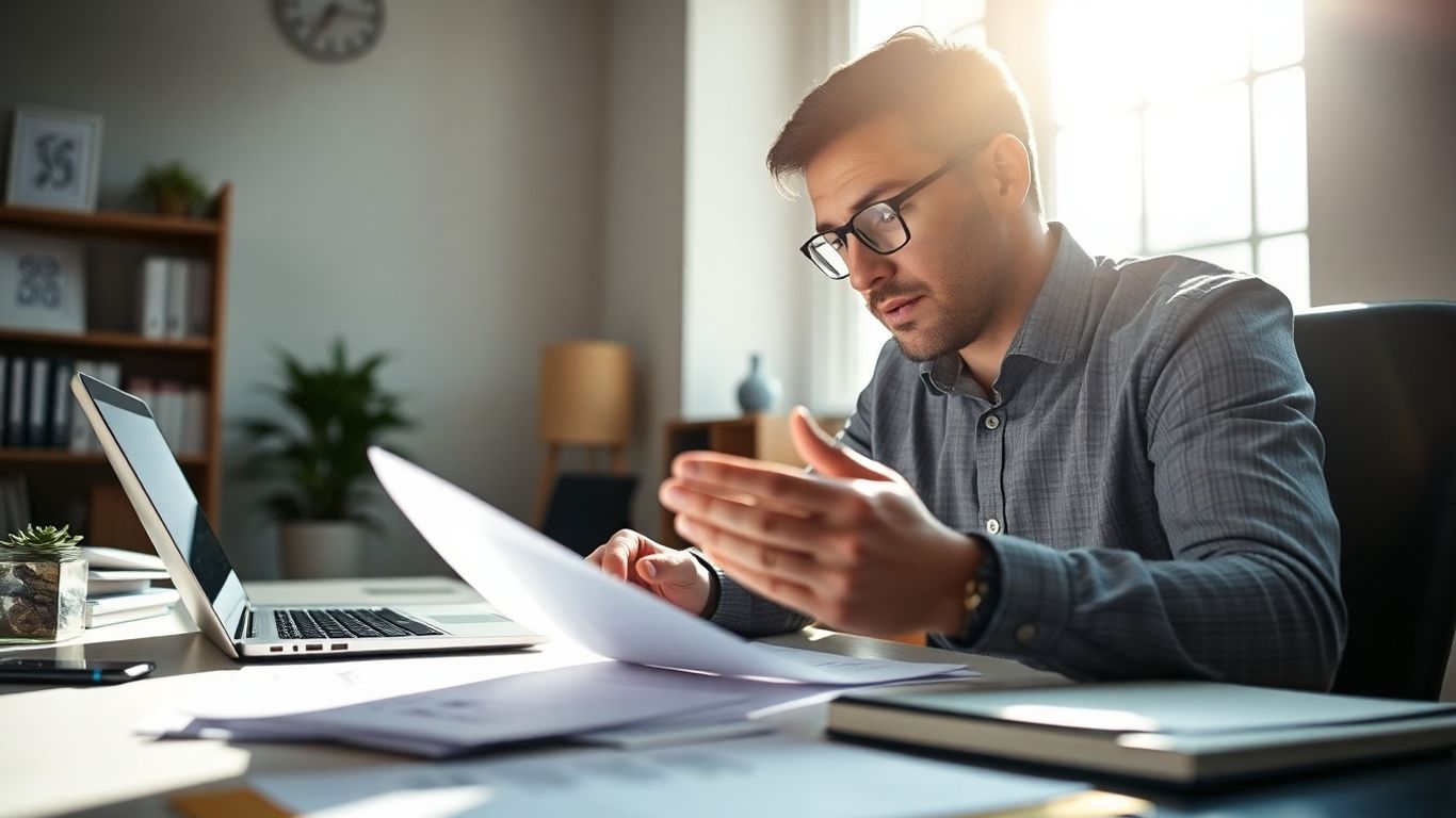 Small business owner planning finances with documents and laptop.