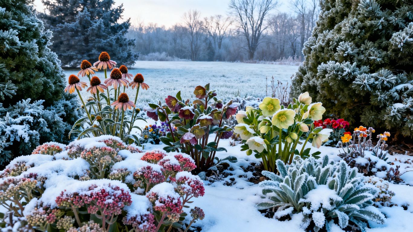 Snowy garden with colorful hardy perennials in winter