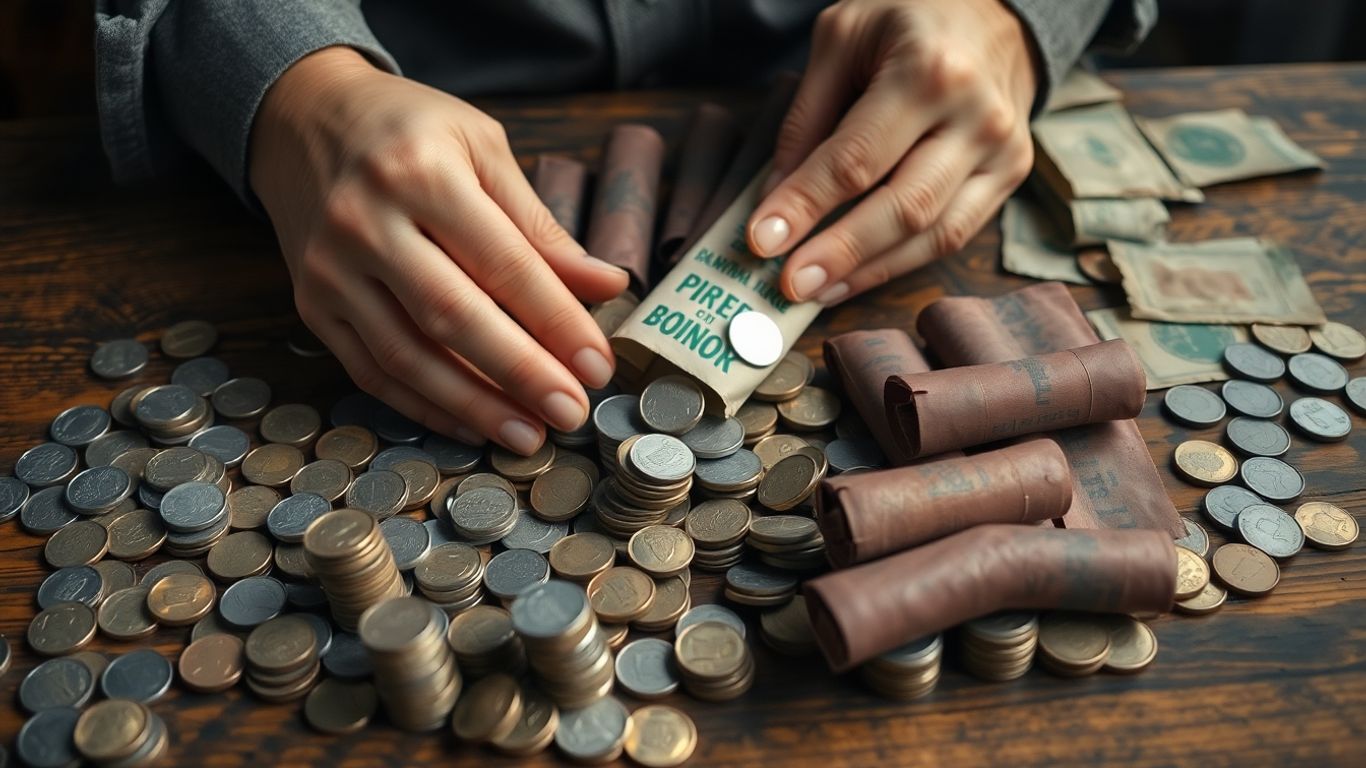 Hands searching old coin rolls for silver coins