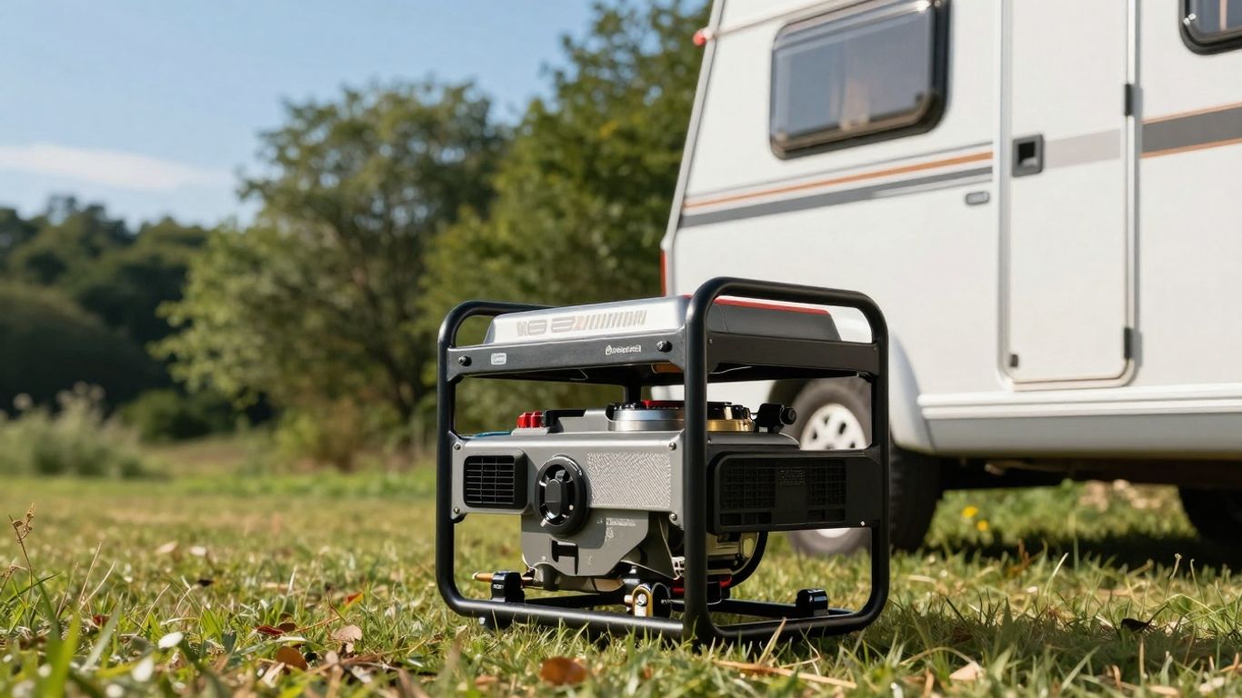 Portable generator beside a caravan in nature.