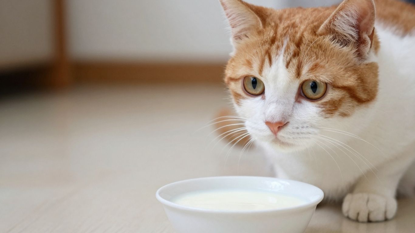 Cat looking at a bowl of milk