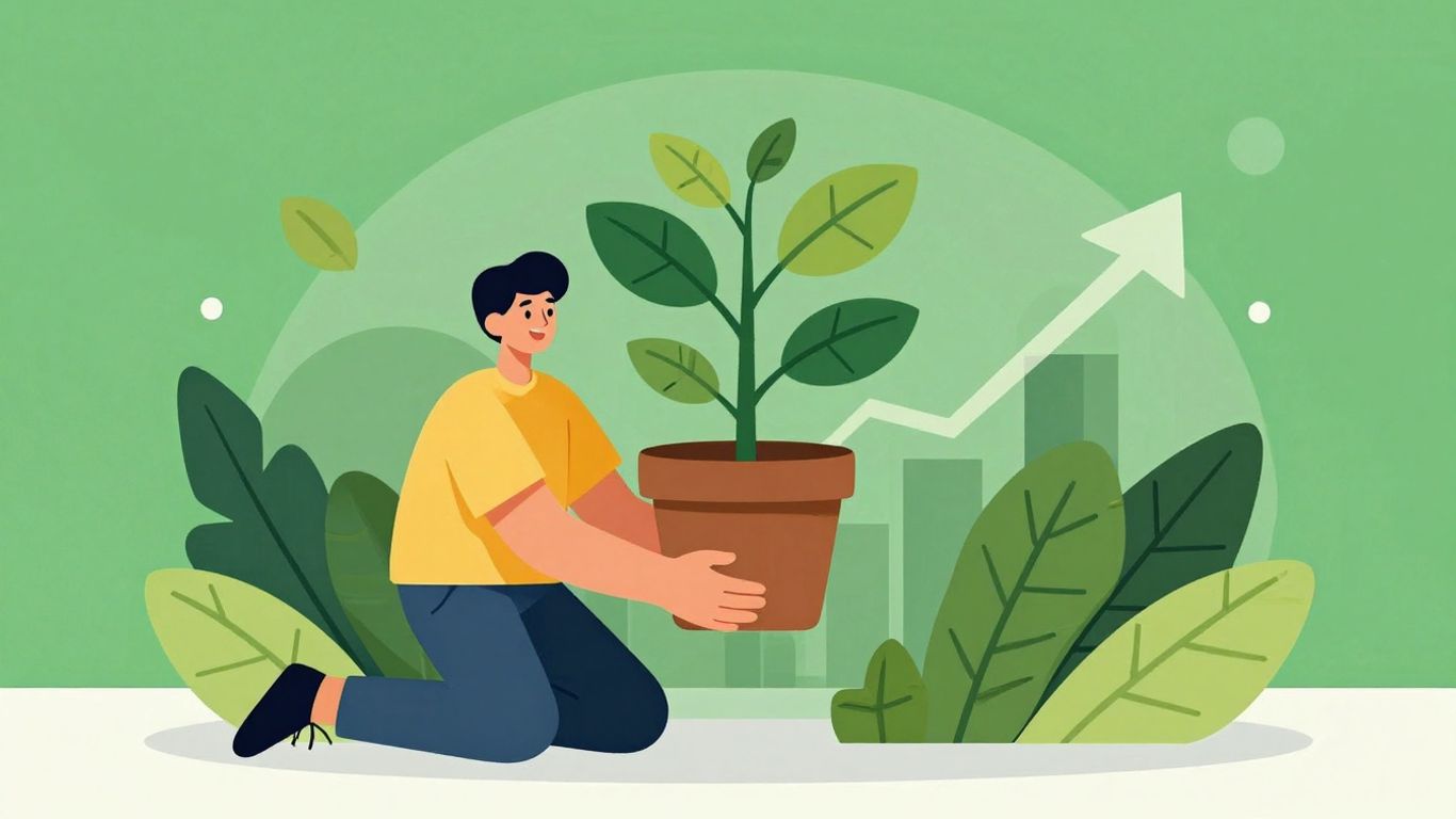 Pessoa feliz com planta crescendo e dinheiro