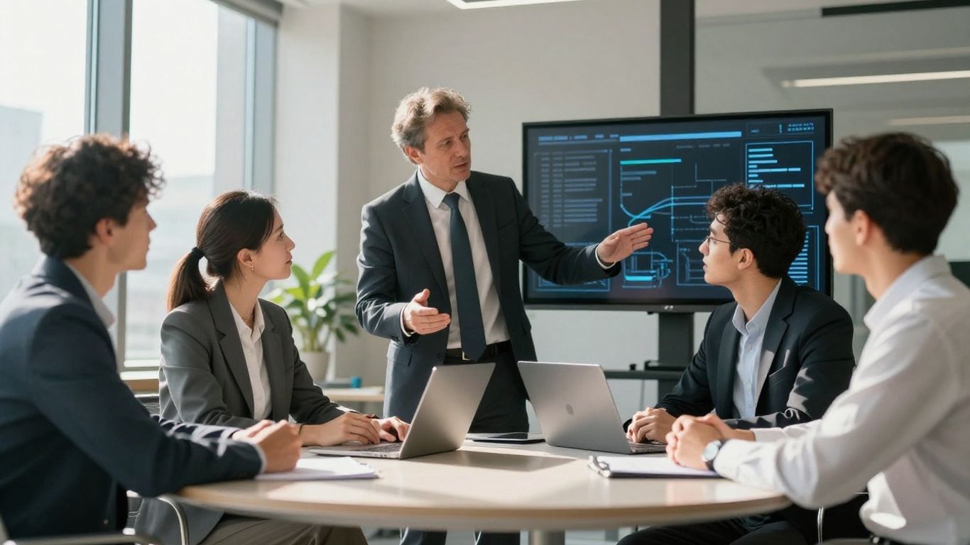 Business professionals discussing IT strategy in a modern office.