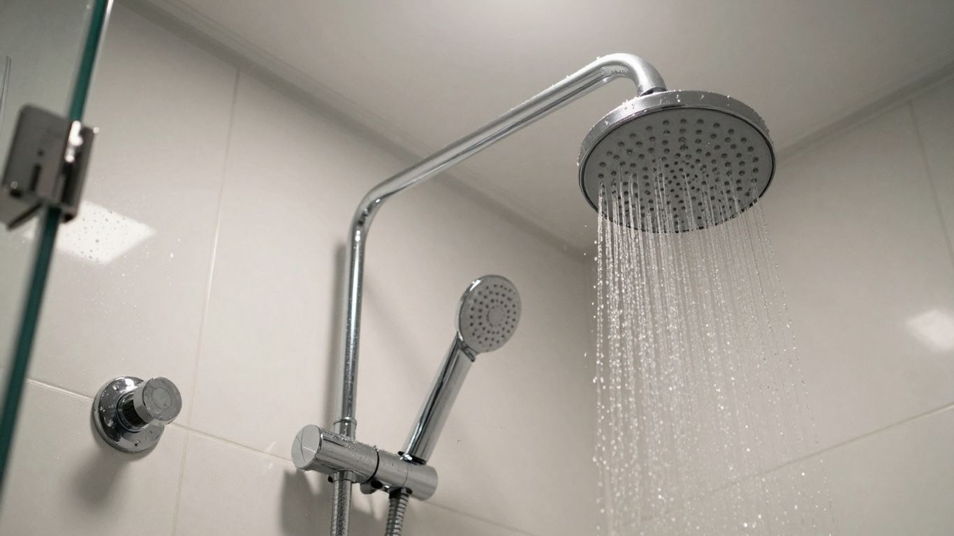 Modern bathroom shower fixtures with rainfall showerhead.