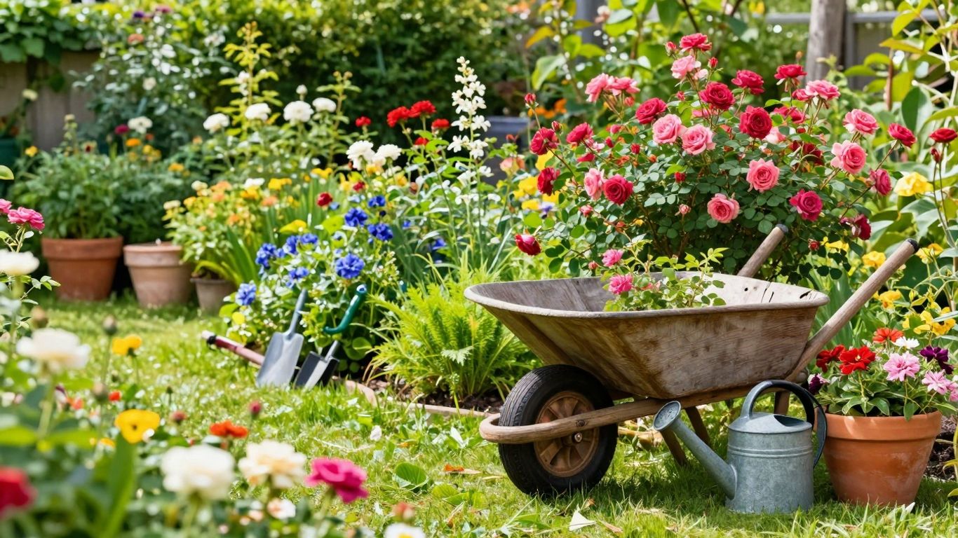 Mooie tuin met bloemen en gereedschap