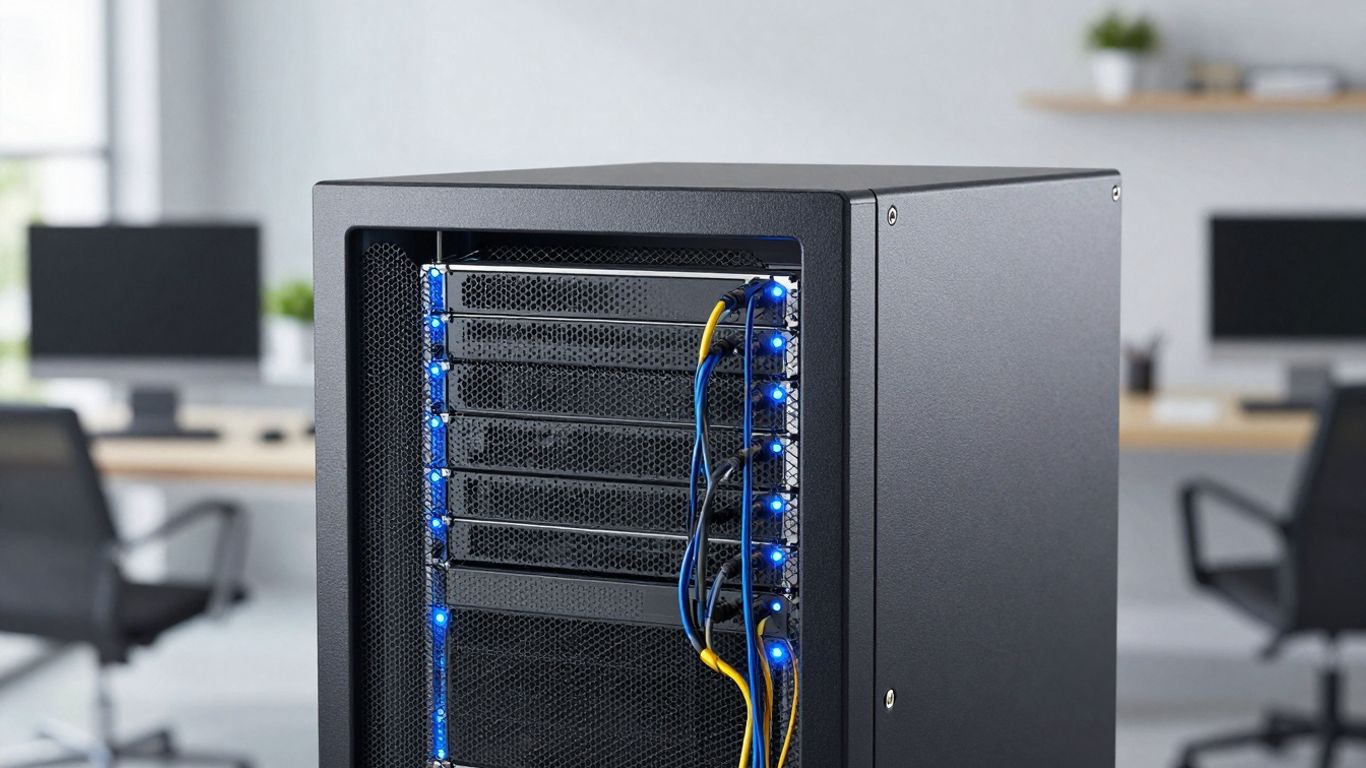 Server rack with glowing lights for home business web hosting.